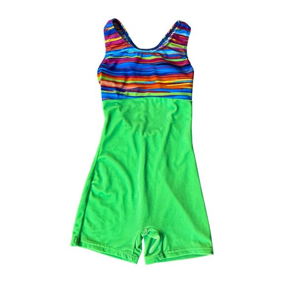 Motionwear Gymnastics Shortall Leotard Girls 8-10 Green Velvet Rainbow Stripe - Picture 3 of 13